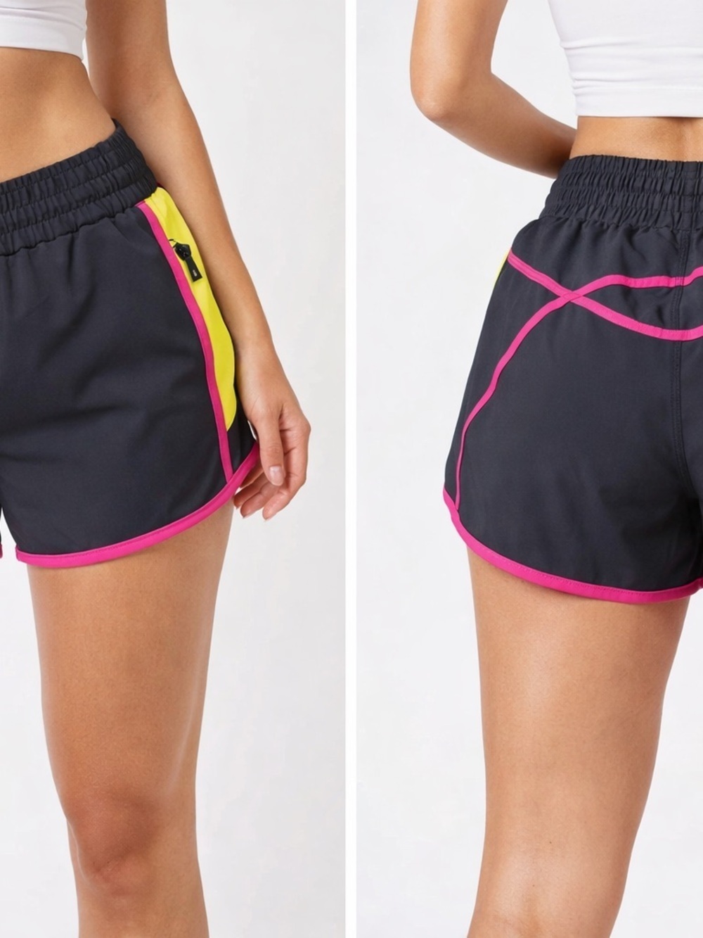 Beach Riot Neon Trim Athletic Shorts Black Pink Yellow Size L Elastic Waist